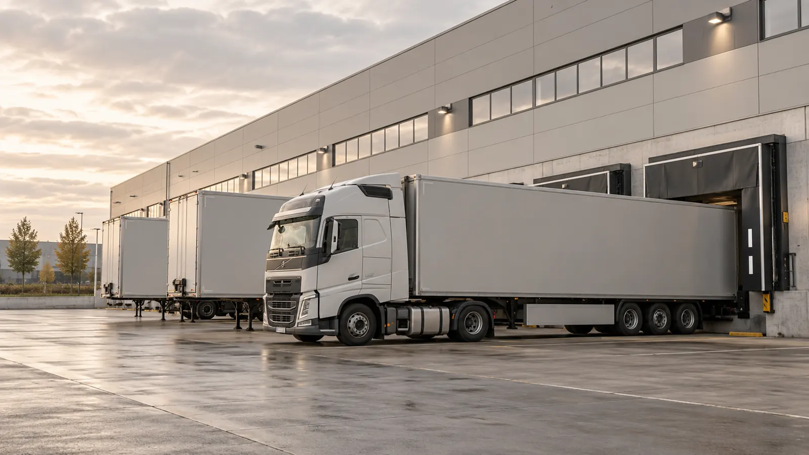 Trucks parked at warehouse loading docks