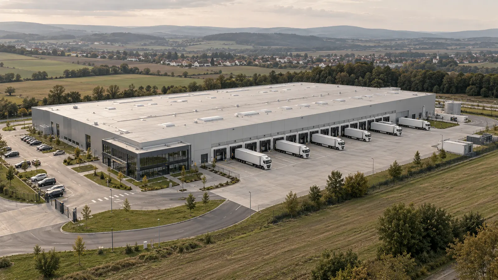 Aerial view of a logistics warehouse with trucks at the loading docks