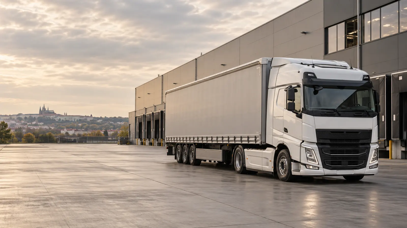 White semi-trailer truck at a warehouse loading yard, with Prague Castle in the distance